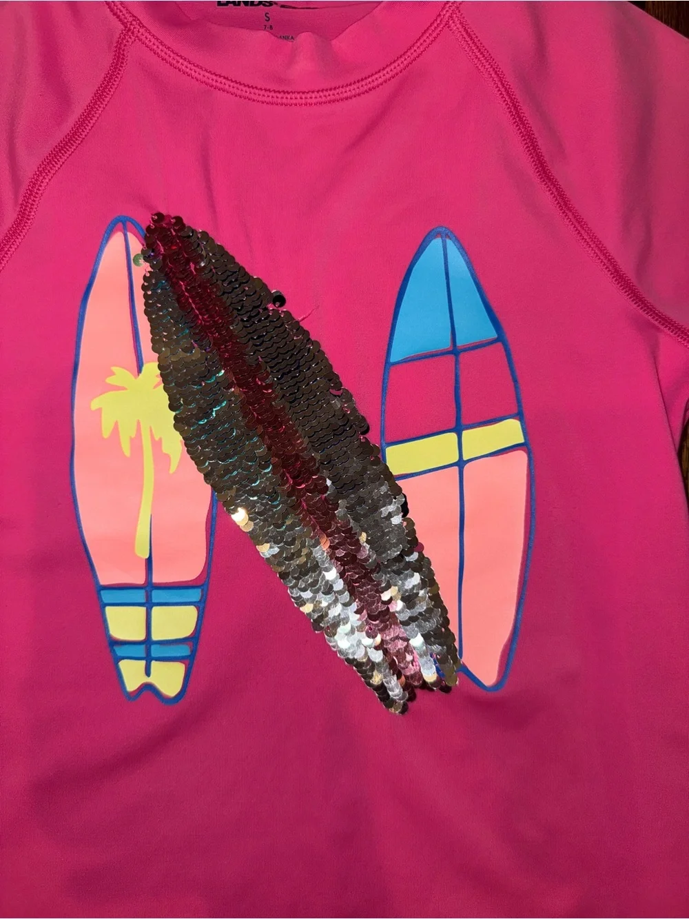 Lands' End Girls Pink Surfboard flip Sequin Rash Guard Swim Shirt size 7/8 small